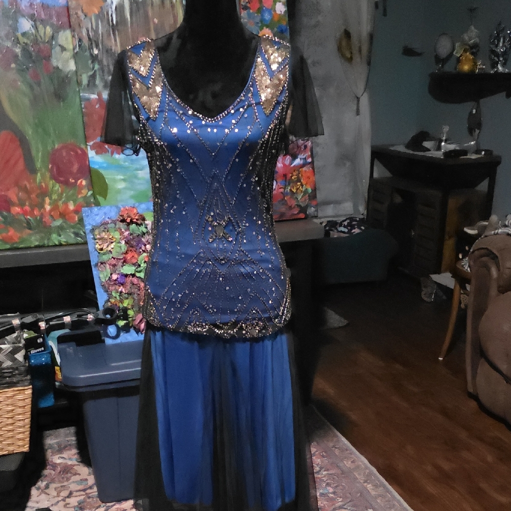 Elegant Blue and Gold Evening Gown